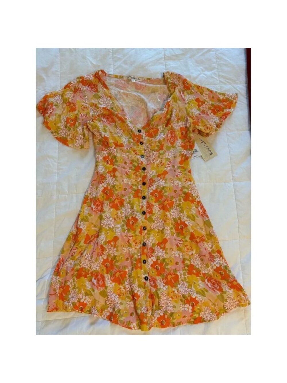Rewind Womens Small Orange & Yellow Floral Mini Dress Fit Flare Short Summer NWT